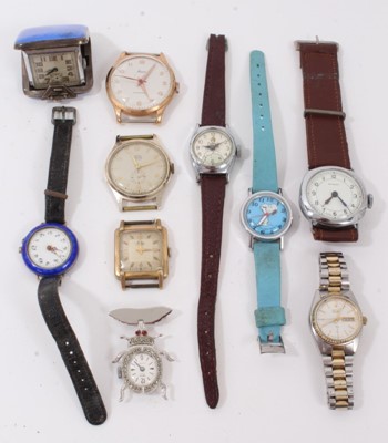 Lot 220 - Art Deco silver and blue guilloche enamel pendant watch, together with silver and blue guilloche enamel ladies wristwatch, Snoopy wristwatch and others (10)