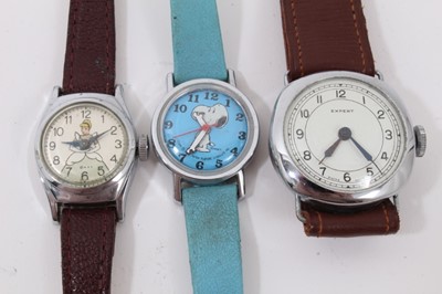 Lot 220 - Art Deco silver and blue guilloche enamel pendant watch, together with silver and blue guilloche enamel ladies wristwatch, Snoopy wristwatch and others (10)