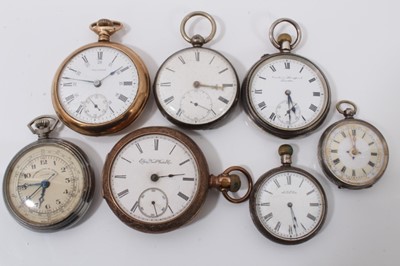 Lot 224 - Two silver cased pocket watches, two silver fob watches, Waltham gold plated watch, Elgin gold plated pocket watch and French pocket watch in chromimum plated case (7)