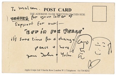 Lot 1441 - John Lennon and Yoko Ono original hand drawn on signed postcard with provenance