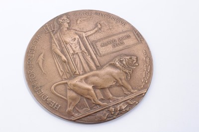 Lot 950 - First World War Memorial (Death) plaque named to Alfred James Eeles  
N.B. Corporal A.J. Eeles, died on 29th July 1916.