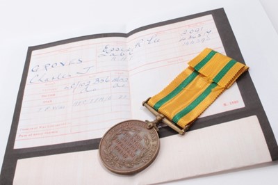 Lot 956 - First World War Territorial Force War medal named to 2091 PTE. C. J. Groves. Essex. R. 
N.B. Together with copy service papers.