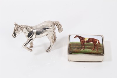 Lot 274 - Silver trinket box with enamel plaque depicting a race horse, together with a miniature silver horse ornament