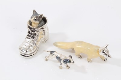 Lot 275 - Three silver and enamel miniature animals to include a fox, dog and kitten inside a boot