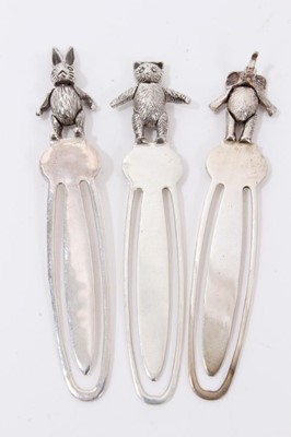Lot 279 - Three silver (925) novelty bookmarks each mounted with a cat, elephant and rabbit, all with articulated limbs