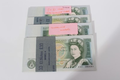Lot 486 - GB - mixed green one pound sequentially numbered banknotes to include chief cashier J Page ...