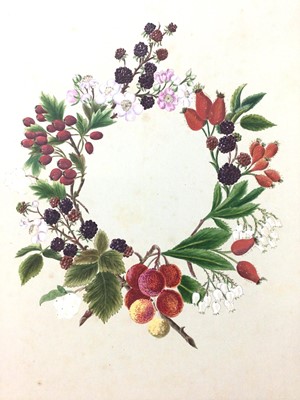 Lot 134 - A charming Victorian illuminated album, red leather bound with gothic brass monogram to the front, containing 32 botanical watercolour painted pages, 37cm x 30cm overall