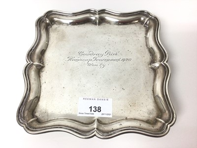 Lot 138 - 1920s silver salver of shaped sqaure form, engraved 'Cowdray Park Handicap Tournament 1920', (London 1920), 9.3ozs