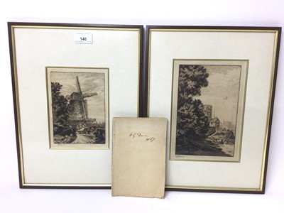Lot 146 - W. G. Davie, pair of early 20th century signed black and white etchings - windmill and coastal views, 19cm x 14cm and 23cm x 16cm, in glazed frames, together with a book belonging to the artist