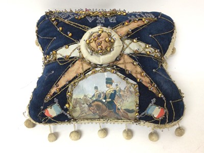Lot 149 - Late Victorian Royal Horse Artillery Sweetheart Cushion with embroided and beaded decoration 'RHA with love G W', 18cm x 23cm