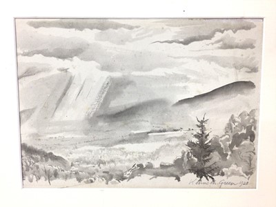 Lot 151 - Kenneth Green (1905-1986) monochrome watercolour - Extensive Landscape, signed and dated 1928, 18cm x 26cm, mounted
