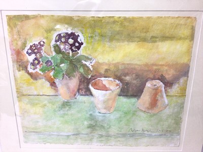 Lot 155 - Marcia Blakenham (b.1946) pencil, watercolour and gouache - still life with flower pots, signed and dated, 40cm x 50cm, mounted