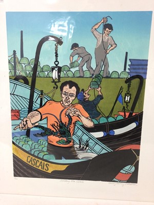 Lot 164 - Penny Berry Paterson (1941-2021) colour linocut - Catching the catch, signed titled and numbered 3/30, 42 x 33cm