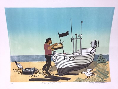 Lot 168 - Penny Berry Paterson (1941-2021) colour linocut print, Dropping in for lunch, signed and numbered 4/12, 26 x 36cm
