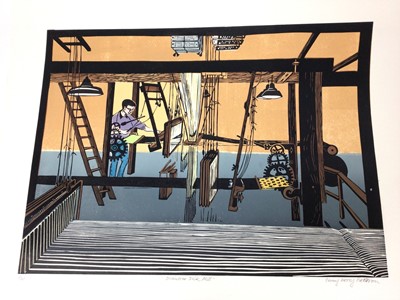 Lot 179 - Penny Berry Paterson (1941-2021) colour linocut print, Braintree silk mill, signed and numbered 5/30, image 39 x 52cm