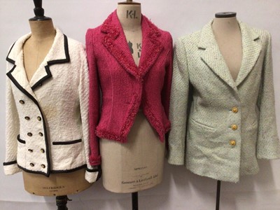 Lot 2169 - Qty of vintage clothes, including three jackets, Jessica McClintock skirt and top, ladies cream coat, See by Chloe skirt, and one pair of Harrods cream shoes