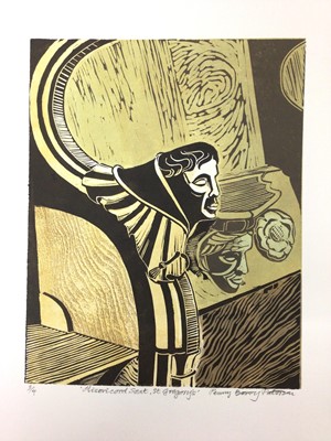 Lot 182 - Penny Berry Paterson (1941-2021) colour linocut print, Misericord Seat St. Gregory's, signed and numbered 3/4, image 23 x 29cm