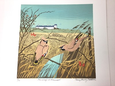 Lot 183 - Penny Berry Paterson (1941-2021) colour linocut print, Waxwings at Minsmere, signed and numbered 14/14, image 28 x 28cm