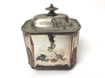 Lot 210 - 19th century silver on copper tea caddy of octagonal box form with acanthus decoration raised on bun feet  14 cm high- with key