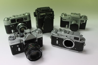 Lot 2697 - Quantity of vintage Russian/Soviet cameras, lenses and accessories, including Fed, Zenit and Lubitel
