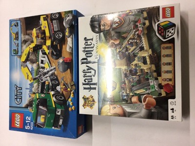 Lot 1763 - Lego 3862 Hogwarts, 4203 City, unopened, and 4841 Harry Potter train and land rover, plus mini figs, boxed
