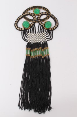 Lot 2161 - A Single 1930's Art Deco Couture  Dress Embellishment.  Black, green and gold beads with Rhinestones and Black Cord.