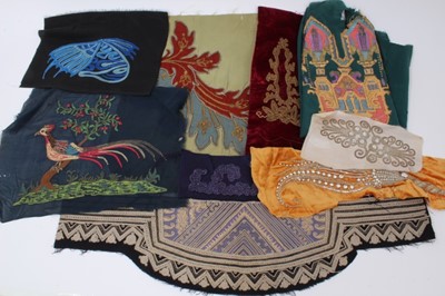 Lot 2165 - A box of Victorian and later fabric pieces, various sizes.  Examples of embroidery, applique work, bullion work, decorative faux pearl and bead, sequinnes and cord work on silk, velvet and wool.
