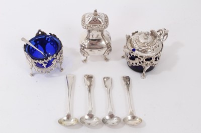Lot 367 - Silver mustard pot and matching silver salt, both with blue glass liners, silver pepperette and silver condiment spoons
