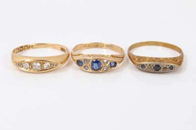 Lot 293 - Edwardian 18ct gold sapphire and diamond ring, one other similar ring and 18ct gold diamond five stone ring