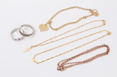 Lot 316 - Two 9ct white gold wedding rings, three 9ct gold bracelets and 9ct rose gold chain