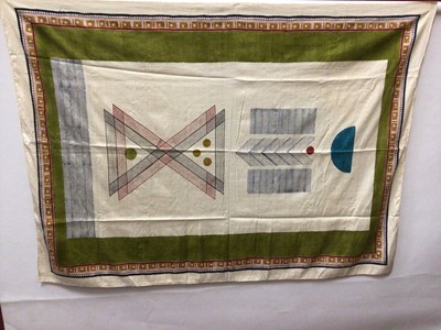 Lot 2177 - Three raw silk panels screen printed abstract designs of cyphers, constellations, geometric shapes.