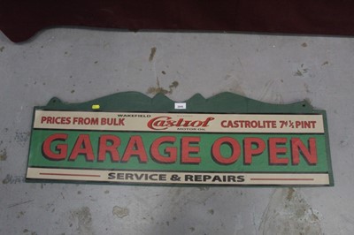 Lot 2048 - Wooden plaque with applied reproduction vinyl sign 'Castrol Garage Open', 102cm in length