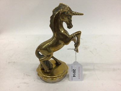 Lot 2014 - Car Radiator cap, mounted with a brass model of a rearing Unicorn, 15.5cm in height excluding base