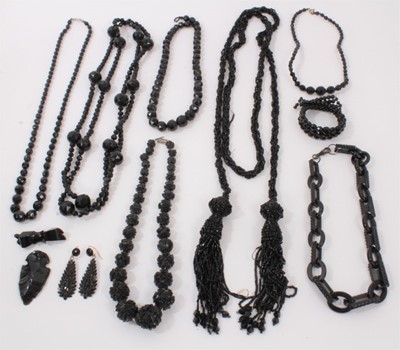 Lot 330 - Collection of vintage jet and other similar jewellery including 1920s black beadwork sautoir necklace