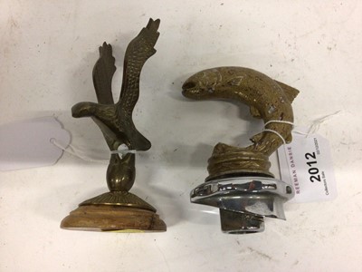 Lot 2012 - Car mascot in the form a leaping Salmon, together with a brass mascot in the form of a bird, Salmon 10.5cm in overall height (2)