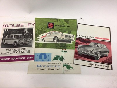 Lot 2002 - Collection of seventeen 1950's / 1960's British Motor Corporation (BMC) car sales brochures for various marques to include Austin Healey, Vanden Plas, Wolseley, Riley and MG (17)