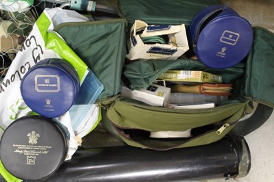 Lot 2530 - Quantity of fishing equipment, including a Hardy Marquis Salmon No.2 reel, Hardy Viscount Mark II reel, other reels, spools, nets, flies, bags, clothing, etc, together with three rods converted int...