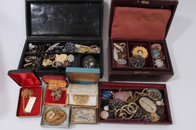 Lot 353 - Two Victorian leather jewellery boxes containing antique and vintage jewellery together with other cosume jewellery and bijouterie