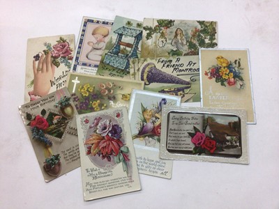 Lot 1408 - Postcards loose accumulation in shoebox including real photographic topography, military WWI silk cards, WWI French cards LL greetings cards, Mickey Mouse (x2), Bonzo etc.  Real photographic portra...