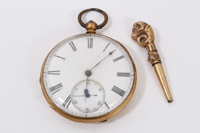 Lot 369 - 18ct gold cased pocket watch and winding key with rams head decoration