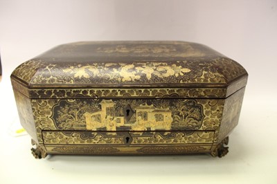 Lot 2548 - 19th century Chinese lacquer sewing / games box with gilt decoration