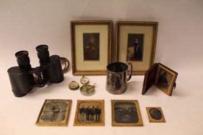 Lot 2578 - Pair of Second World War binoculars, daguerreotypes, compasses and other items