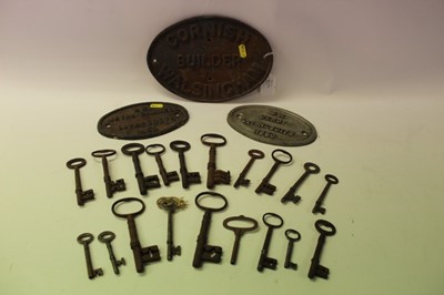 Lot 2577 - Three Engine / machinery plates together with a collection of antique keys