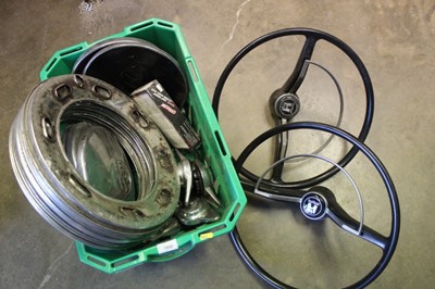 Lot 1990 - Three boxes of assorted car parts and automobilia (mainly Volkswagen Beetle) to include chrome parts and fittings together with wings, bumpers and other items (qty)