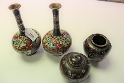 Lot 2555 - Pair of Japanese cloisonné bottle vases, decorated with dragons and phoenixes, together with two Japanese cloisonné pots