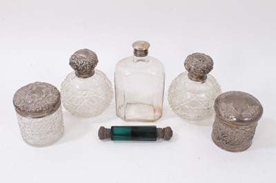Lot 393 - Pair silver topped cut glass scent bottles, two others, silver pot with cover and double ended scent bottle