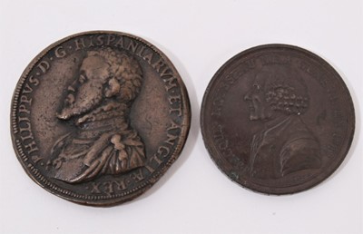 Lot 544 - European - AE Medallions to include Philippvs of Spain Obv: Bust left draped, with reverse inscription 'Hincvigilio', knight on winged horse facing left and spearing dragon dated 1516 (Diameter 41m...