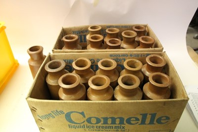 Lot 2614 - Two boxes of stoneware bottles, a runner bean slicer and group of table knives