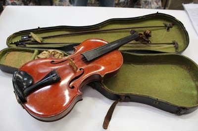 Lot 2625 - Violin by Ernst Heinrich Roth, with label reading 'Copy of Nicholas Amati', single piece back measuring 37.5cm long including nose, in case with two bows