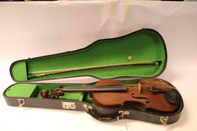 Lot 2626 - Violin in case with bow, two-piece back measuring 37cm long including nose
